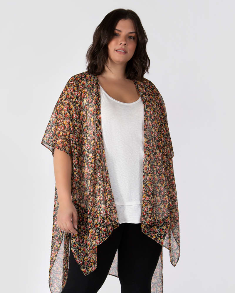 Front of a model wearing a size 0X Salehi Printed Chiffon Kimono in Mustard / Ivory by DEX PLUS. | dia_product_style_image_id:260579